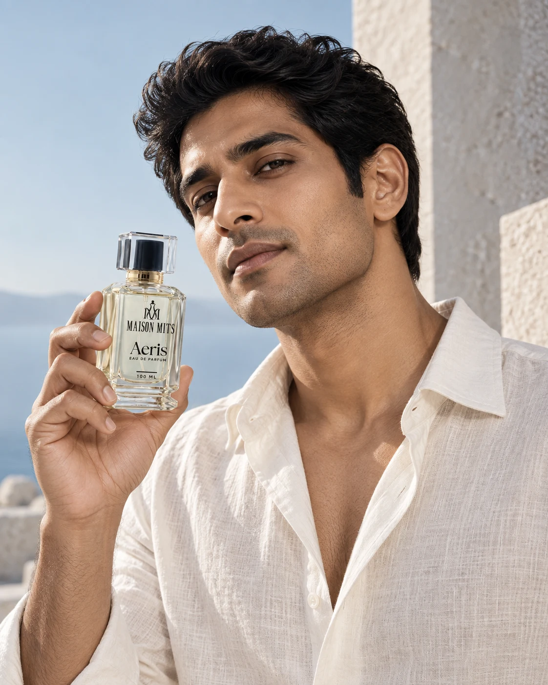 Male model holding Maison Mits Aeris perfume in a sunlit coastal studio