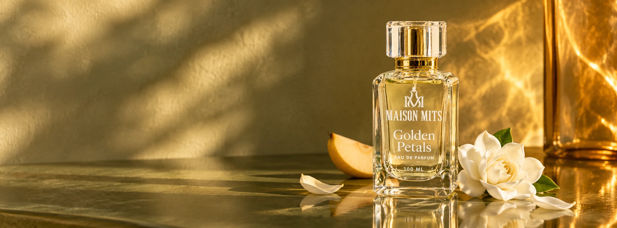 Maison Mits Golden Petals with a transparent gold cap, gardenia and pear in warm golden-hour light