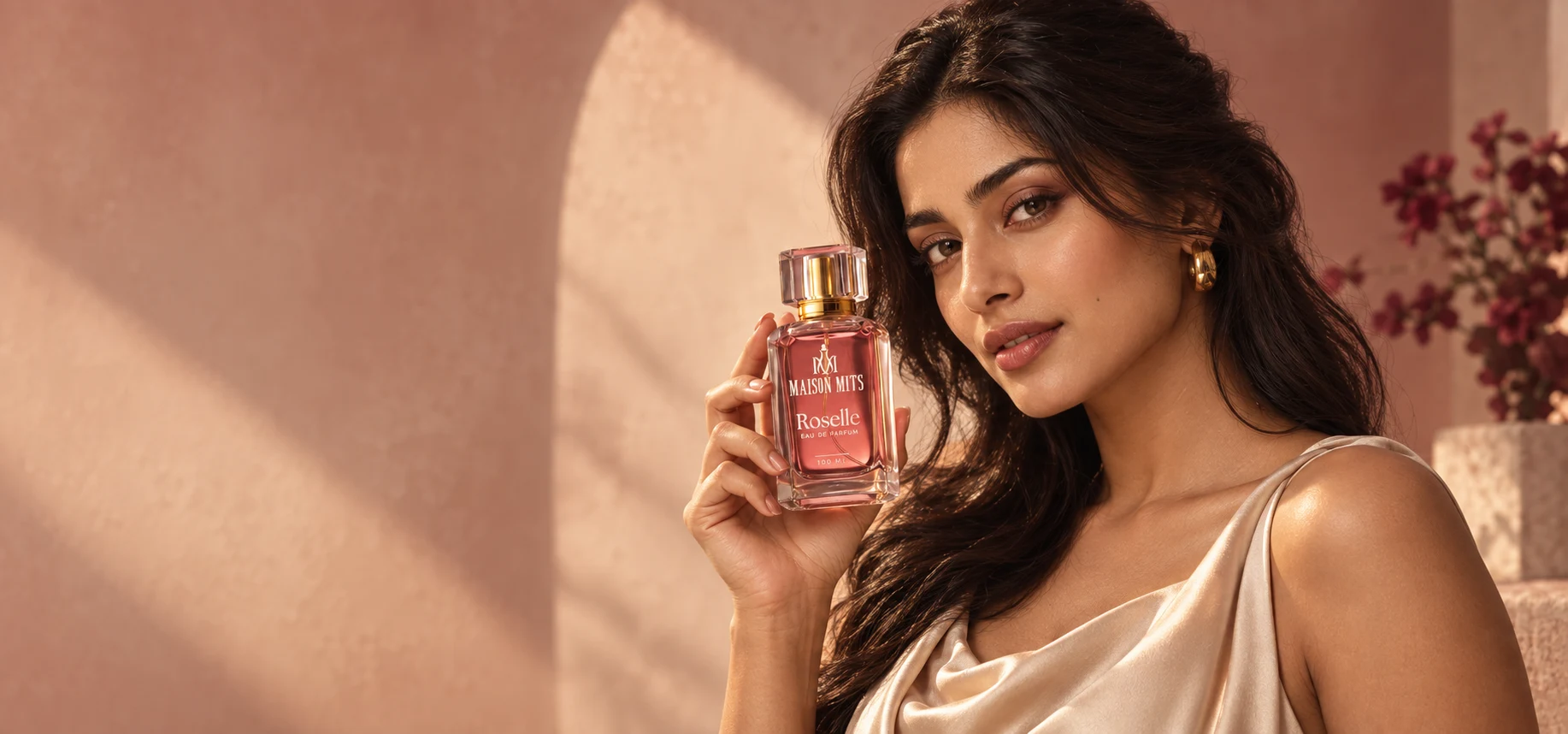 Model holding the Maison Mits Roselle eau de parfum bottle in a warm rose studio